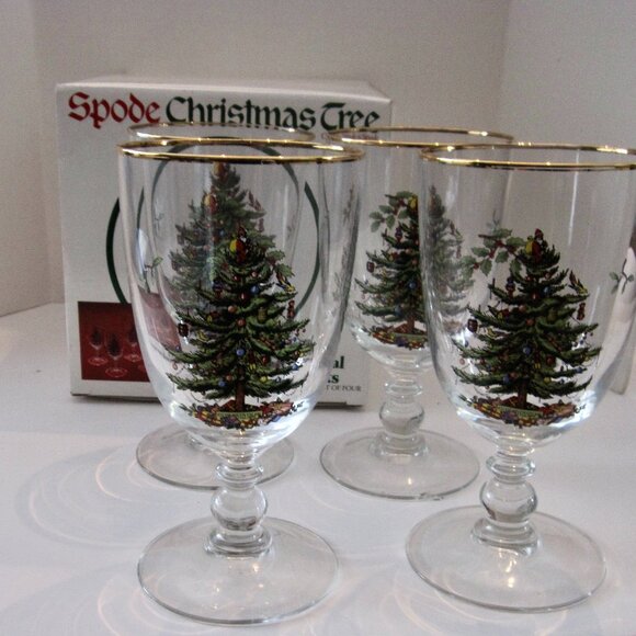 Spode Other - Vintage Spode Christmas Tree S/4 Pedestal Goblet Water Glasses Gold Rim USA MADE